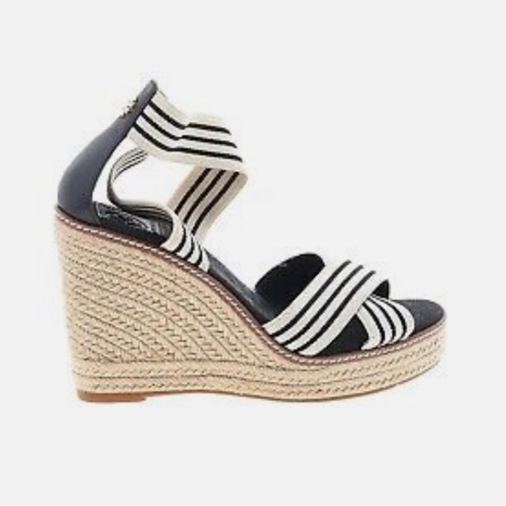 Tory Burch Navy Stripe Espadrille Wedge